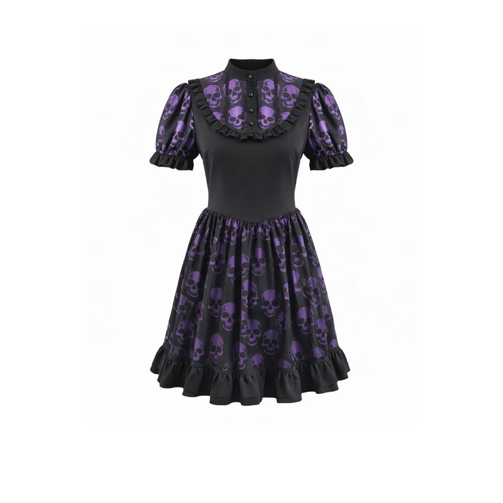 Dark in Love - Purple Skull Whisper Dark Lolita with Skull Print Short dress - Black/Purple